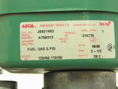 Asco  JB821493 Pneumatic Solenoid Valve 2 Way 2-1/2 NPT NO 120V Fuel Gas 5PSI