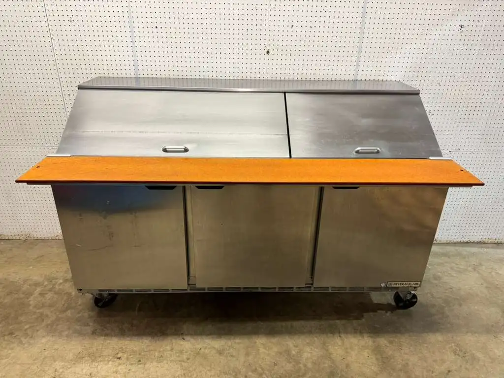 Used Beverage Air Used Beverage-Air SPE72HC-30M 72" 3 Door Mega Top Refrigerated Prep Table 120V Food Prep Tables Illinois US | Falcon Restaurant Supply #1373737