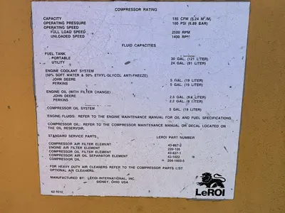 Used 1995 LEROI Q185JD-E Air Compressors, Portable Louisiana US | Proxy Equipment #1385256