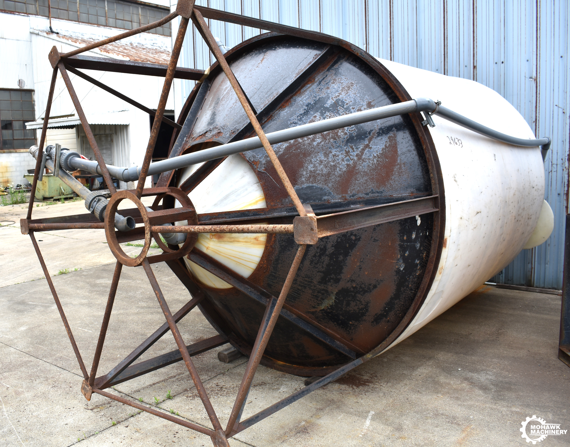 2470 GALLON (APPROX) VERTICAL PLASTIC STORAGE TANK w/FABRICATED STAND - 87” DIAMETER TANK - 96” TANK HEIGHT