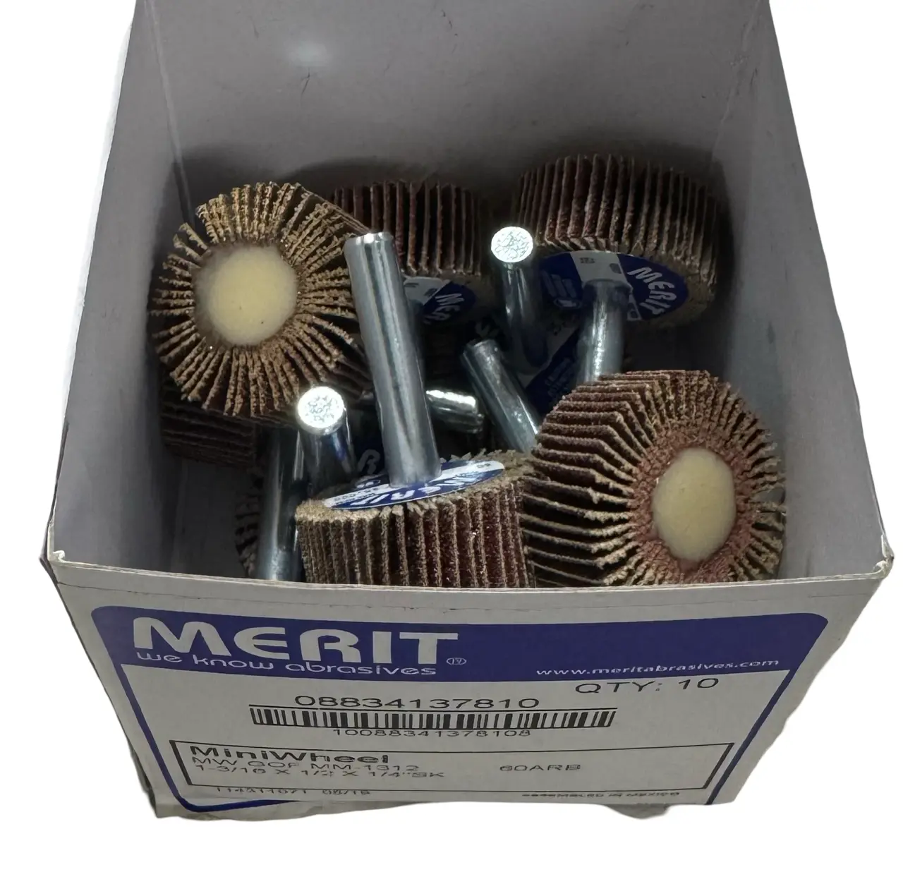 Merit 1-3/16" x 1/2" x 1/4" Mini Flap Wheels 60 Grit Aluminum Oxide 10 Pack