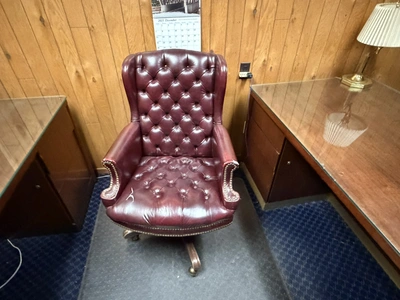 Lot of executive office furniture, includes (1) 72" desk, (1) 72" credenza, (1) rolling padded seat ...