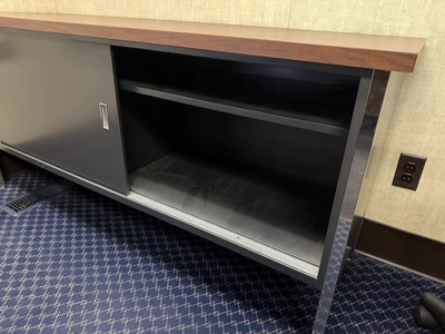 Contents of office furniture, includes (1) steel frame, wood desk, 76" x 38", (2) rolling office cha...