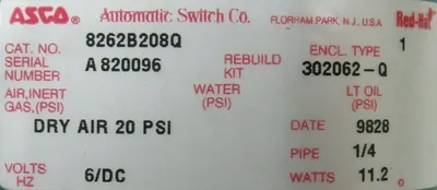 NEW ASCO 8262B208Q SOLENOID VALVE 6/DC