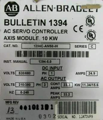REFURBISHED ALLEN BRADLEY 1394C-AM50-IH SERVO CONTROLLER 10KW SER.C 1394CAM50IH