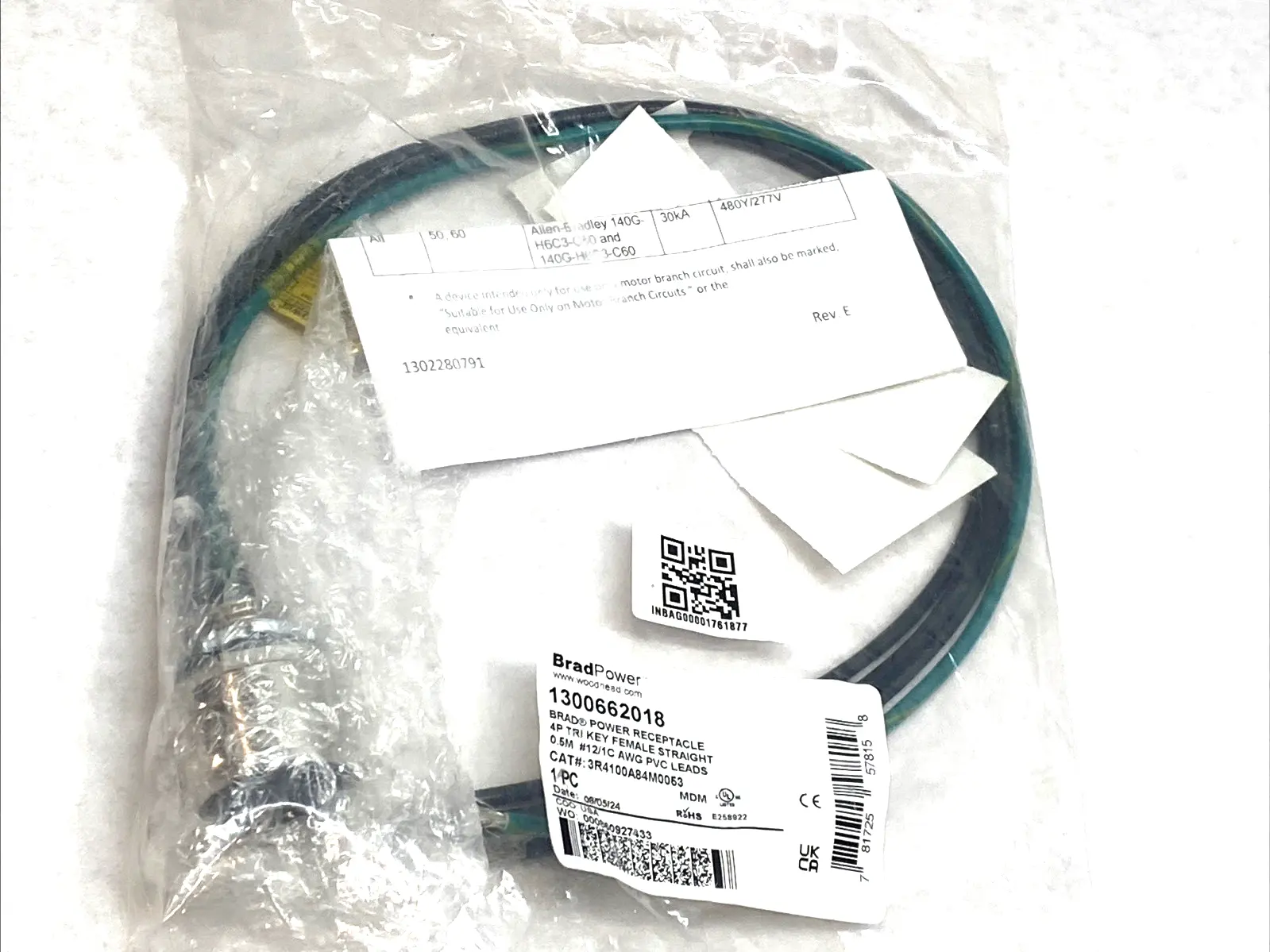 New | in-Stock BRADPOWER 4‑POLE C‑SIZE POWER CORDSET 0.5M PVC Cable & Wire | Maverick Industrial Sales #1101785