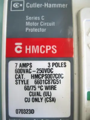 Lot (2) Cutler-Hammer HMCPS (HMCPS007COC) Circuit Breaker 7 Amp 3-Pole H12