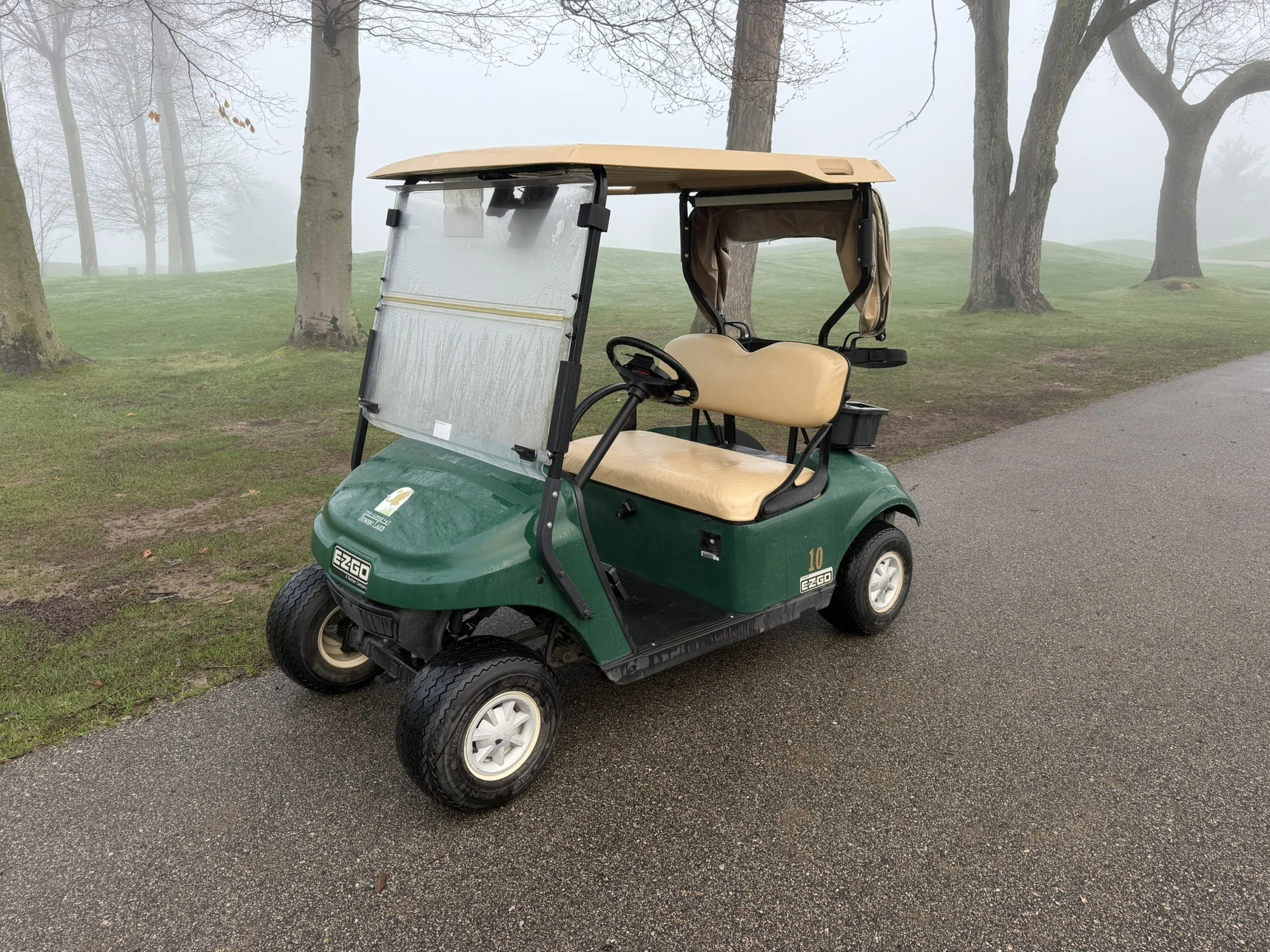 (1) 2015 E-Z-Go golf cart with a Kawasaki gas engine, includes canopy, ball cover, club cover, fold-...