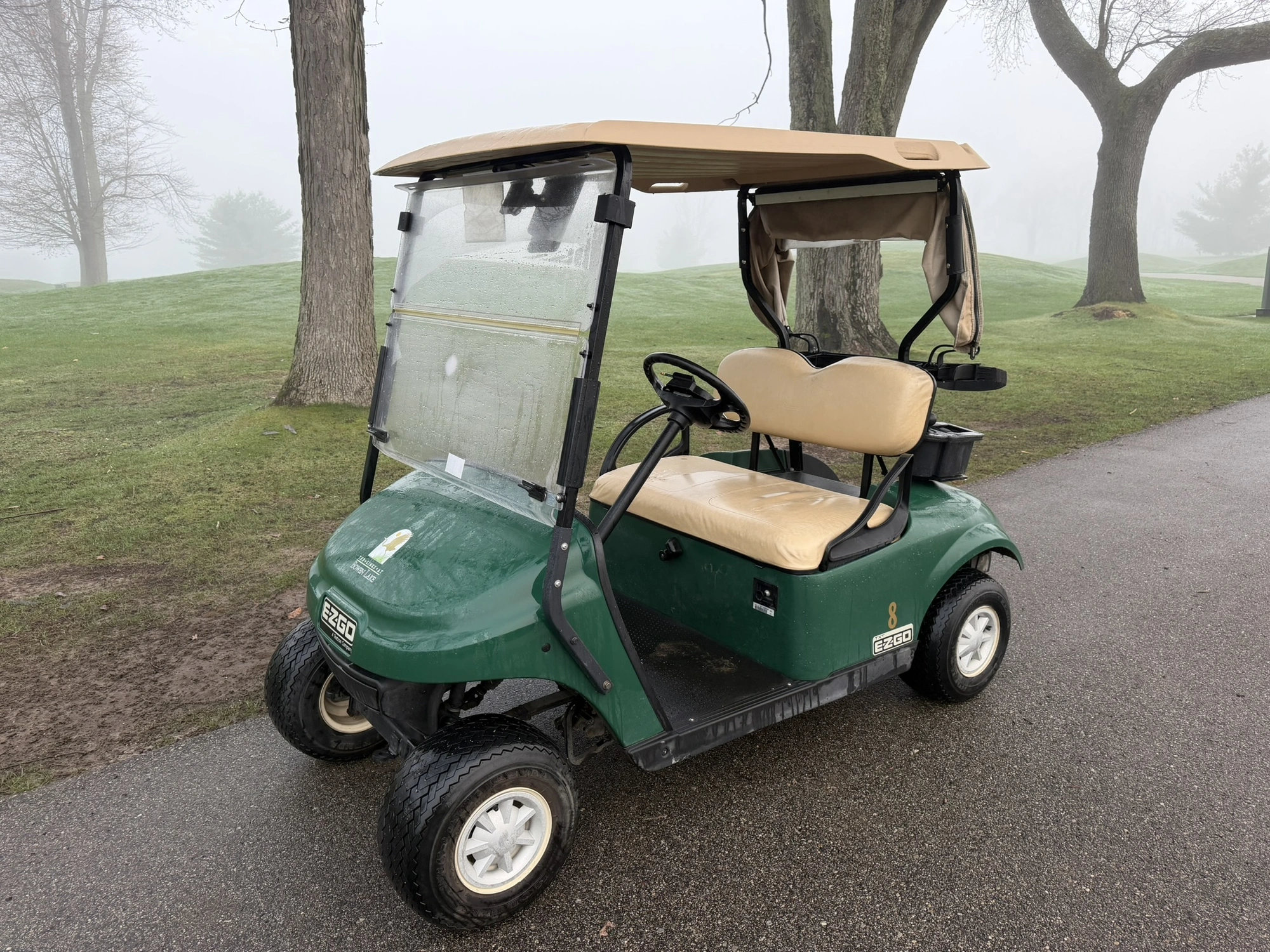 (1) 2015 E-Z-Go golf cart with a Kawasaki gas engine, includes canopy, ball cover, club cover, fold-...