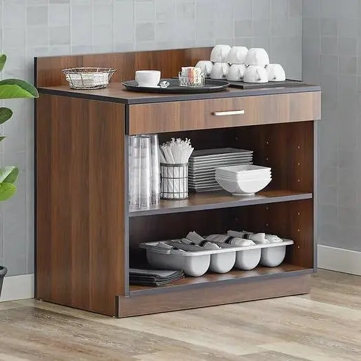 36" Walnut Waitress Station with Drawer and Adjustable Shelf