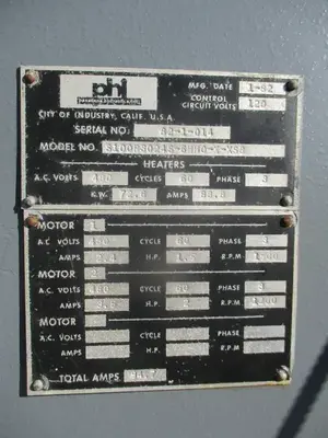 PHI, 24 x 36 heated platten 4-post hydraulic press, 6 stations & cool rack