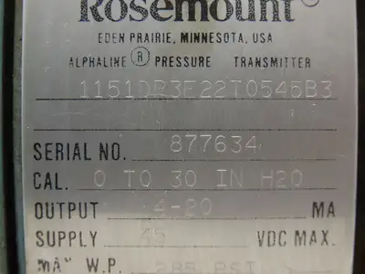 Rosemount 1151DP3E22T0545B3 Electronic Pressure Transmitter 45VDC 285psi