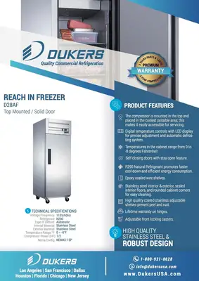 New | in-Stock Dukers New Dukers D28AF Commercial Single Solid Door Top Mount Reach-in Freezer in Stainless Steel Freezers Illinois US | Falcon Restaurant Supply #1376380