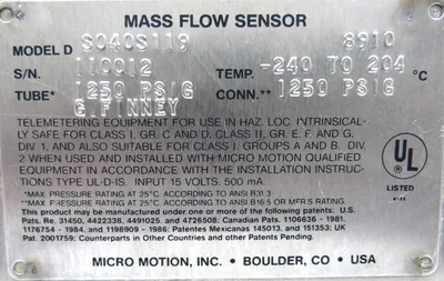 USED MICRO MOTION DS040S119 MASS FLOW SENSOR