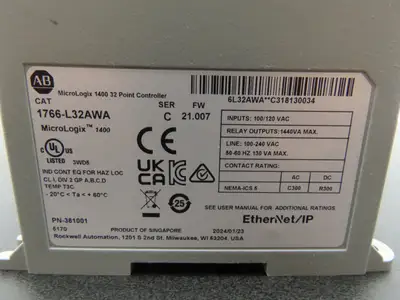 Allen Bradley 1766-L32AWA MicroLogix 1400 Controller Module 32Pt Ser C FW 21.007