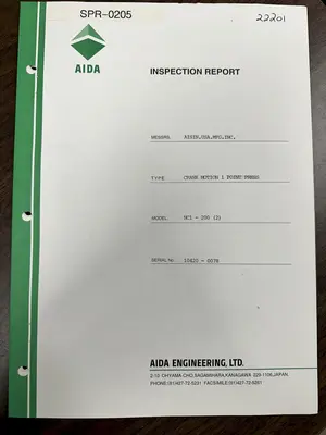 220 TON AIDA MODEL #NC1-200(2) GAP FRAME PRESS, WITH 9.84" STROKE: STOCK #22201