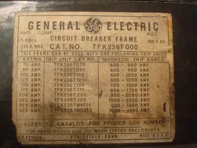 General Electric TFK236F000 Circuit Breaker 225 Amps 600VAC Used