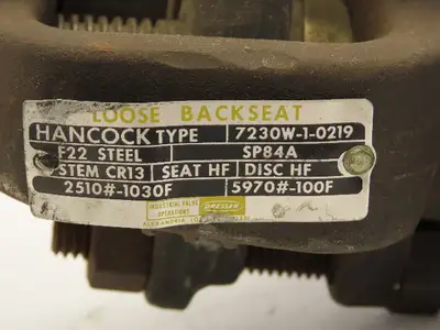 Hancock 7230W-1-0219 Manual Globe Valve 1/2" Socket Weld Loose Backseat 2500 PSI