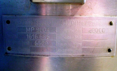(2) Westfalia MP 9004 cold milk separators, 316SS.