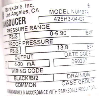 NEW BARKSDALE 425H3-04-Q2 TRANSDUCER 425H304Q2