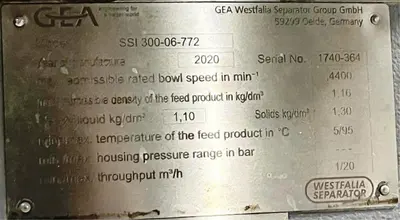 (7) GEA Westfalia SSI 300-06-772 vegetable protein clarifier centrifuges, 316SS.