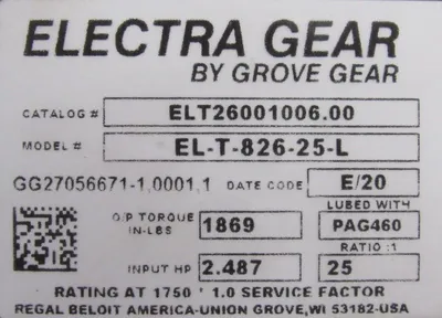 NEW GROVE GEAR ELT26001006.00 ELECTRA GEAR REDUCER 25:1 EL-T-826-25-L