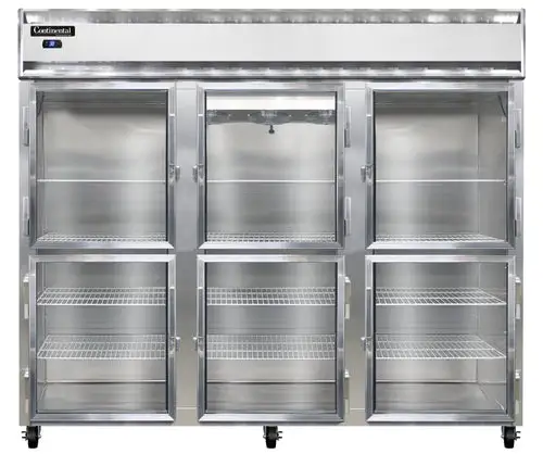 Continental 3RENSAGDHD 85 1/2" Three Section Reach In Refrigerator, (6) Left/right Hinge Glass Doors, Top Compressor, 115v