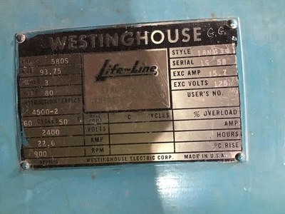 98 KW Westinghouse Generator 900 RPM STOCK #4078