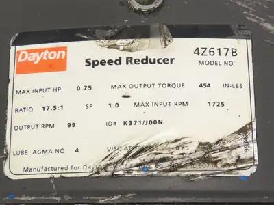 Dayton 4Z617B Gearbox 17.5:1 Speed Reducer 1/2Hp 99 RPM 12VDC 39A 454in/lbs