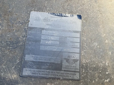 Buechler and Sons 100 gallon aluminum fuel tank, used, approx 74”L x 17-3/4” x 20”T