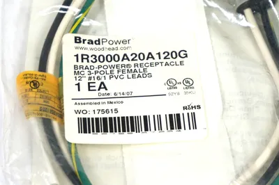 NEW DANIEL WOODHEAD 1R3000A20A120G RECEPTACLE MC 3 POLE FEMALE 12" 16/1 PVC LEAD