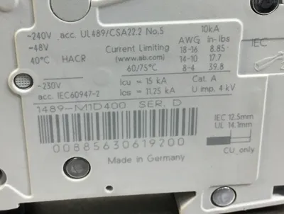 Allen Bradley 1489-M1D400 /D 1 Pole D Curve, 40A Circuit Breaker 4C