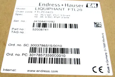 NEW ENDRESS & HAUSER FTL20-0425 LEVEL SWITCH LIQUIPHANT FTL20