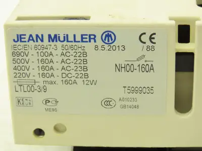 Jean Muller NH00-160A Fuse Switch Disconnector 3 Pole 690V 160A w (3) 16A Fuses