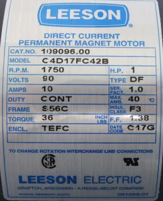 NEW LEESON 109096.00 DC MOTOR 1HP 90VDC 1750RPM S56C 10909600