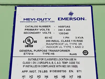 New | in-Stock Emerson Transformer 1-Phase 240-480VAC 120/240VAC 60Hz 3kVA Transformers Michigan US | Maverick Industrial Sales #1402412