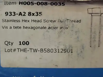 8x35 Hex Head Screw Full Thread A2-70 Stainless Steel (Box of 100)