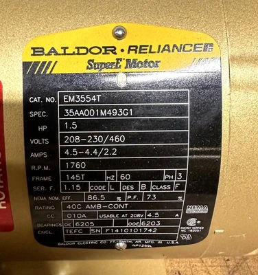 BALDOR 1.5HP ELEC. MOTOR 208-230/460, 145T FR