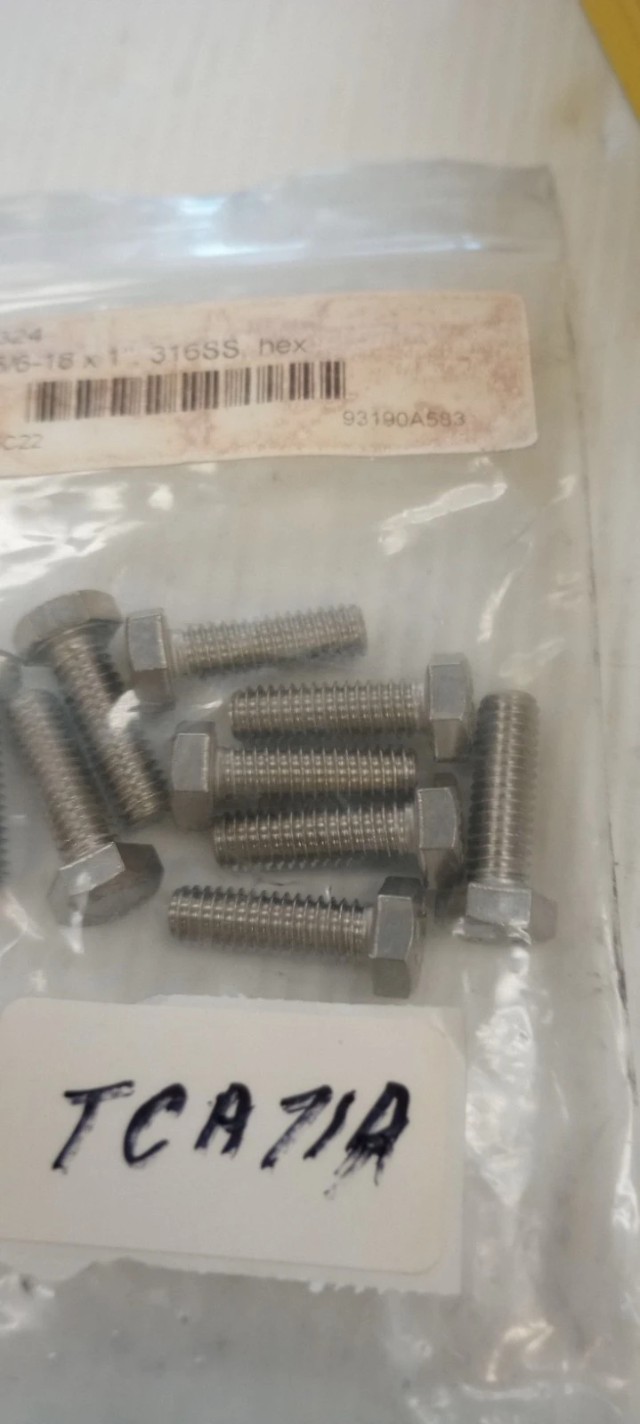 93190A583 LOT OF 9 BOLT 5/6-18X1" 316SS HEX