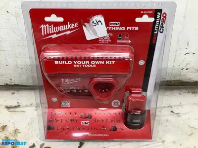 Lot of (1) Milwaukee M12 3/8” Right Angle Drill, (1) Milwaukee M12 1/4” Hex Impact Driver, and (1...