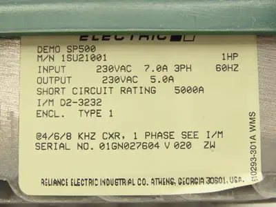 Reliance Electric SP500 VS Variable Speed AC Drive 1HP 7A 230V 3PH 1SU21001
