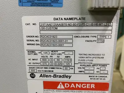 Used ALLEN-BRADLEY 21F1AAE125AA0BT6-ND-B0-F0-P5-C1-IB-H6-MT-L2-L3-SX-CUSTOM Switchgears British Columbia CA | Lenmark #240871