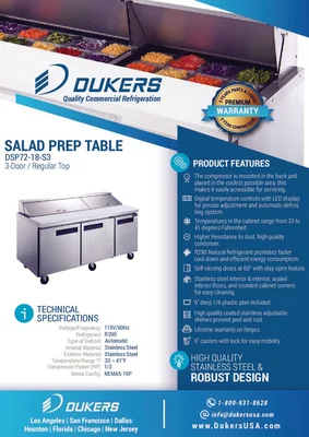 New | in-Stock Dukers New Dukers DSP72-18-S3 3-Door Commercial Food Prep Table Refrigerated in Stainless Steel Food Prep Tables Illinois US | Falcon Restaurant Supply #1376288