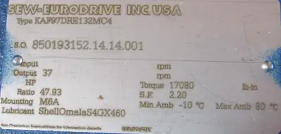 NEW SEW EURODRIVE KAF97DRE132MC4 GEARMOTOR 47.93:1 10HP 266/460V