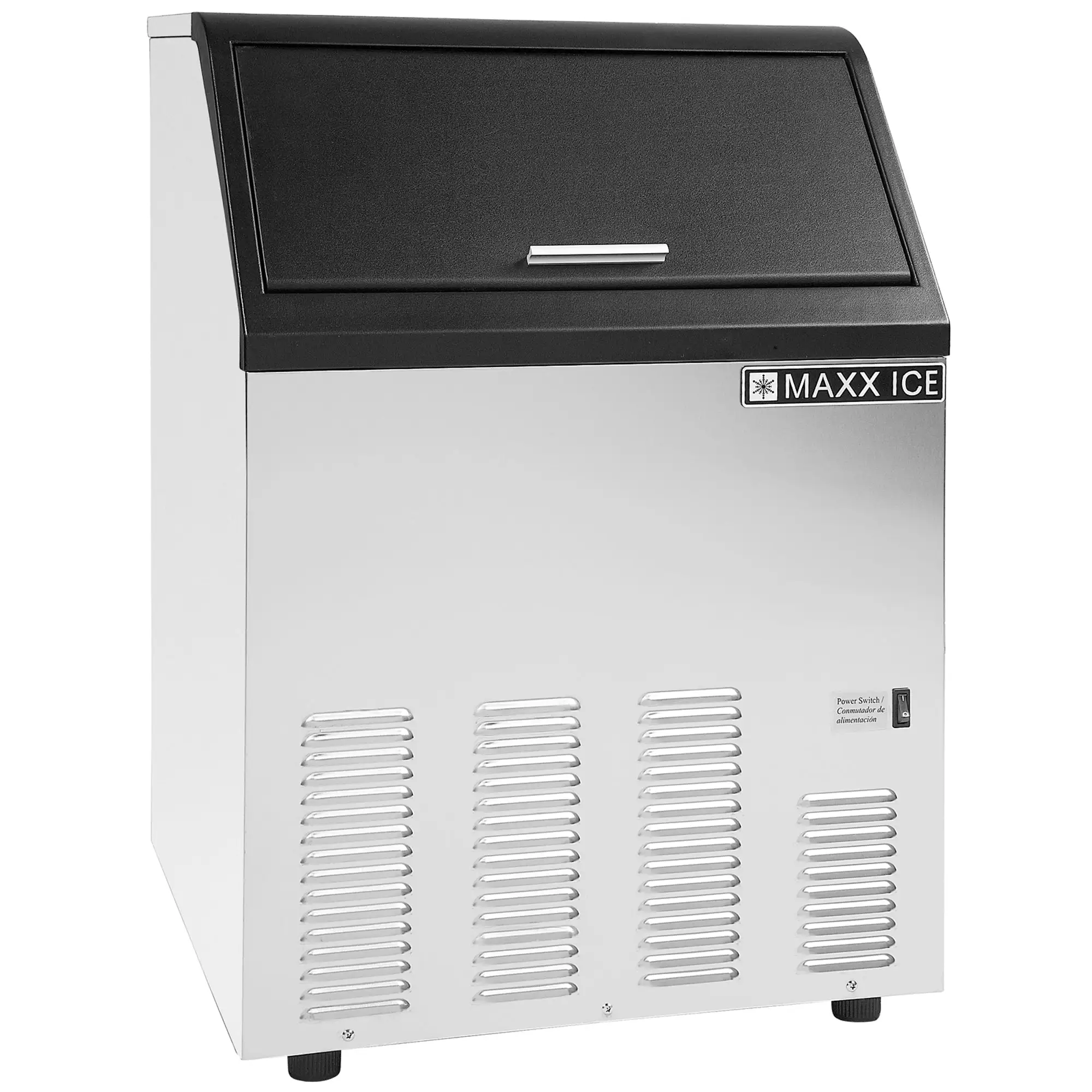 Maxx Ice SS Ice Machine, 130 lbs, Bullet Cubes, w/Storage Bin, SS/Black Trim