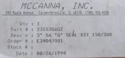NEW MCCANNA 231S3S6GZ BALL VALVE SEAL KIT 3" S6 "G" 150/300