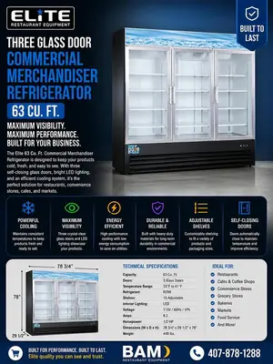 Elite Three Glass Door Commercial Merchandiser Refrigerator – 63 Cu. Ft.