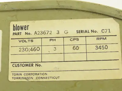 Torin A23672 3 G Squirrel Cage Blower Fan 1/2Hp 3450rpm 230/460V 3PH 7" Wheel