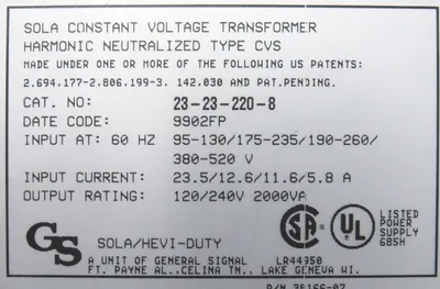 USED SOLA 23-23-220-8 CONSTANT VOLTAGE TRANSFORMER 23232208