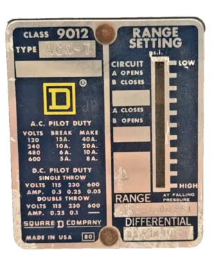 NEW SQUARE D 9012 ACW-7 PRESSURE SWITCH 575 PSI 660 PSI 9012ACW7